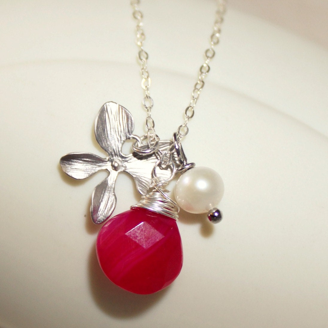 Fuschia Chalcedony Heart Briolette Necklace, Freshwater Pearl, Orchid Flower, Sterling Silver, Feminine, Wedding, Bride, Bridal, Bridesmaid