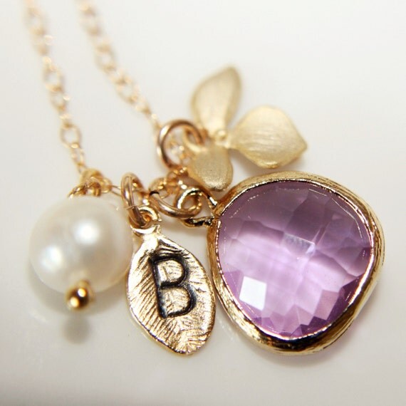Customize Leaf Initial Orchid Necklace, Lilac Briolette, Freshwater Pearl, Monogram, Wedding, Personalized Gift, Bridesmaids, Valentines Da