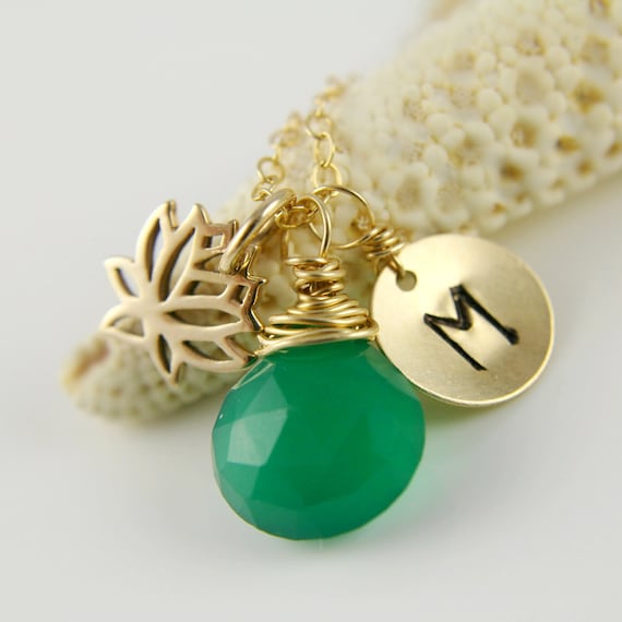 Personalized Lotus Initial Necklace, Monogram Necklace, Green Chalcedony Gemstone, Bridesmaids Gift, Wedding Jewelry, Custom Necklace, Gift