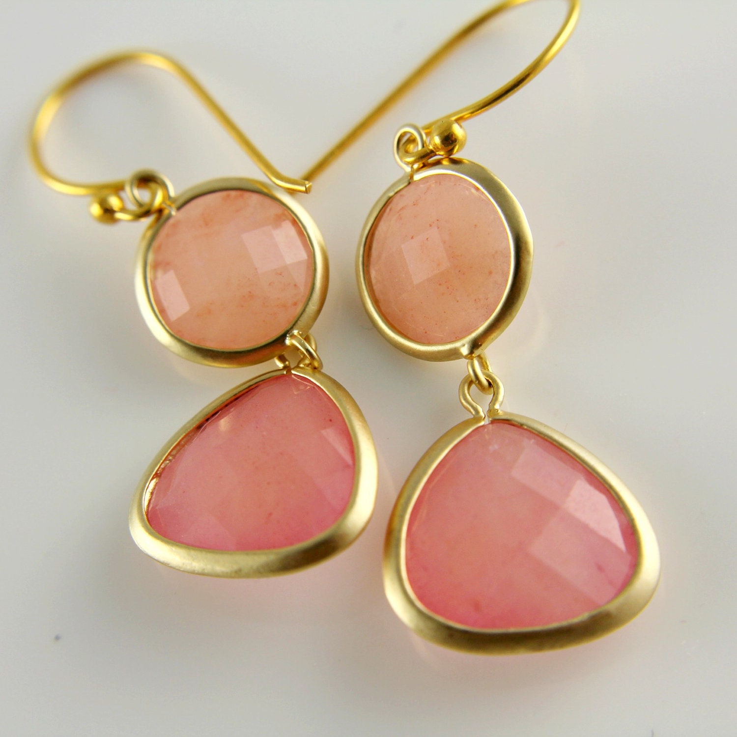 Pink Agate Double Briolette Bezel Set Gemstone Earrings, Bride Earrings, Wedding, Pink Bridesmaids Gift, Mothers Jewelry, Bohemian, Chic