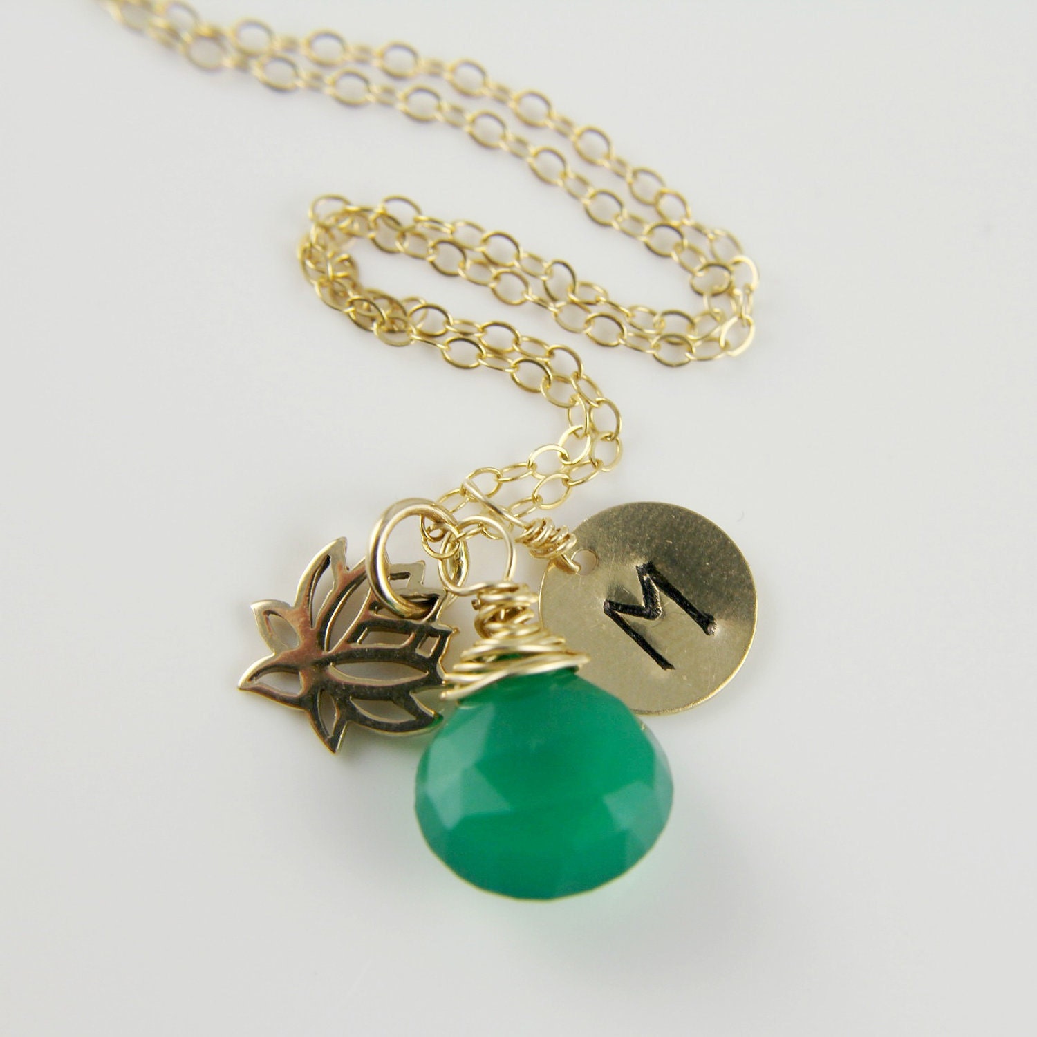 Personalized Lotus Initial Necklace, Monogram Necklace, Green Chalcedony Gemstone, Bridesmaids Gift, Wedding Jewelry, Custom Necklace, Gift