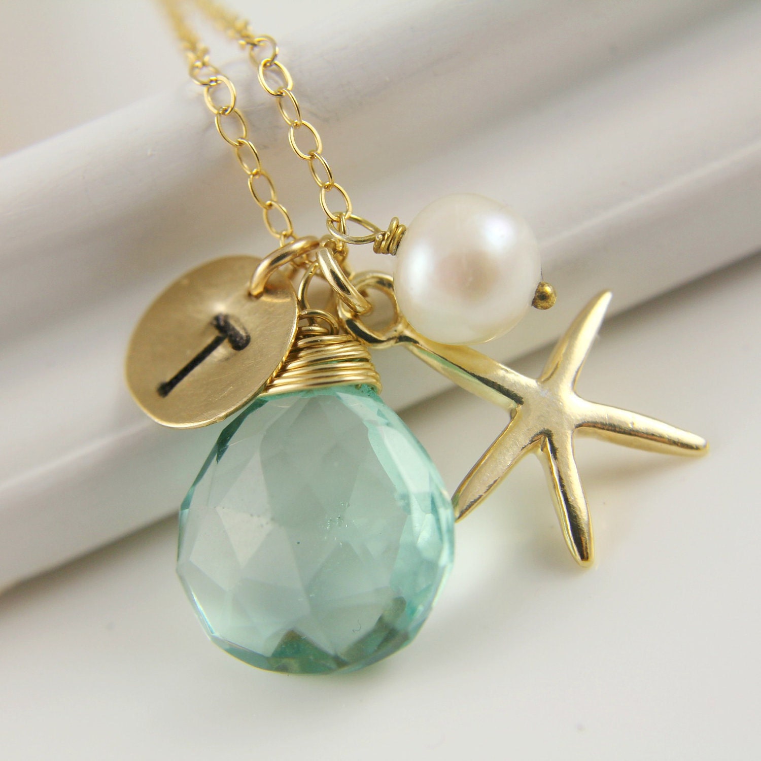 Beach Wedding Bridesmaids Gift, Monogram Necklace, Sea Green Chalcedony, Gold  Starfish, Personalized Initial Gift, Pearl, Mothers Day Gift
