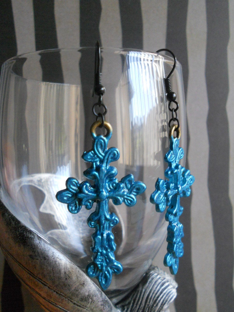 Blue cross earrings punk rock gothic lolita