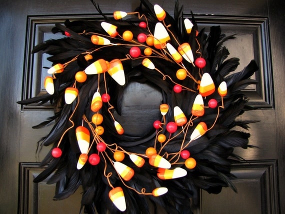 Halloween Black Feather Wreath- Candy Corn Galore - 