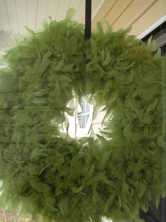 Christmas Wreath - Lime Green Feather Wreath with Red Ornaments