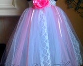 White and Pink Tutu Dress with Lace, Ribbon and Flower - Up to 4T