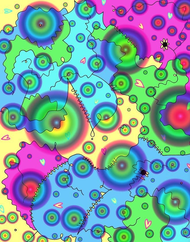 Love - 11x14 Modern, Abstract, Bright, Colorful, Pink, Yellow, Blue, Green, Circles, Hearts, Fun, Affordable, Unique, Art Print