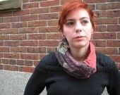 Upcycled T-Shirt Cowl - Reddish Orange and Peacock Pattern Print ONE OF A KIND
