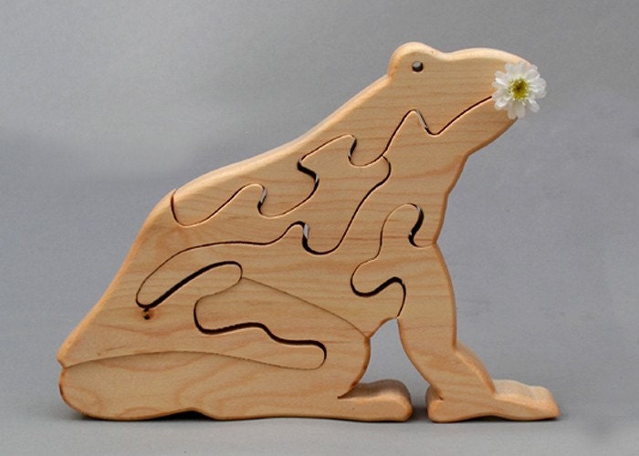 Frog Wooden Animal Puzzle Handmade Waldorf Toy for Toddlers Kids Girls Boys