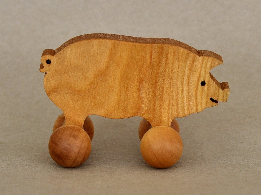 Pig Toy on Wheels Wooden Farm Animals for Children Handcrafted and Organic