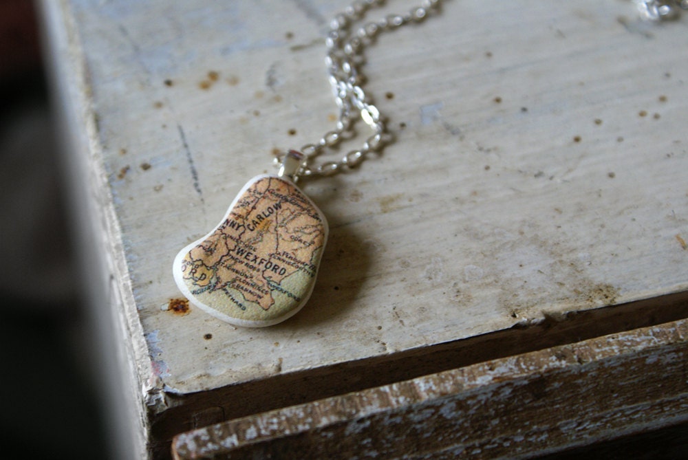 Beach Pottery Pendant with Vintage Irish Map -- Handmade in Ireland