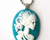 The Lady of Death- Teal and White Skeleton Cameo Necklace JUST 5 BUCKS