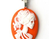 The Lady of Death- Orange and White Skeleton Cameo Necklace JUST 5 BUCKS