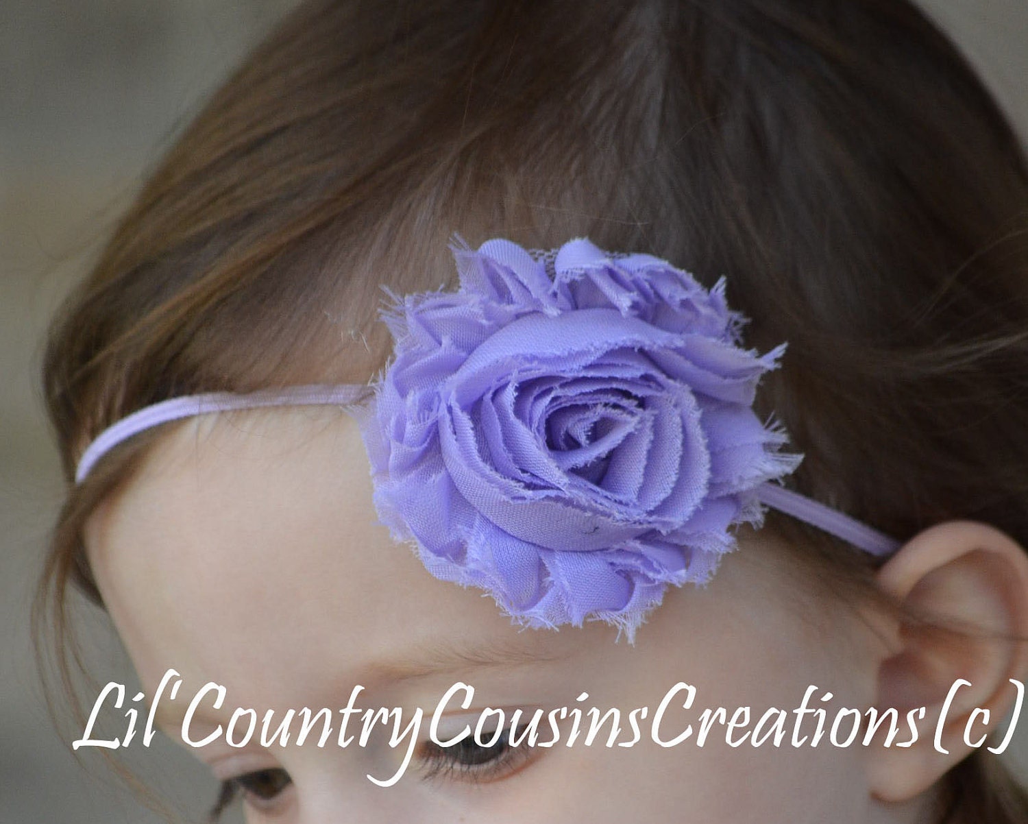 Boutique - Dainty - LAVENDER PURPLE Frayed Chiffon Rosette on Skinny, Stretchy Headband - Perfect for Babies, Toddlers or Young Girls
