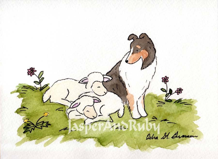 Nursery Art- Sheltie and Sheep- Babysitting  - 5X7 Archival PRINT for Baby or Children