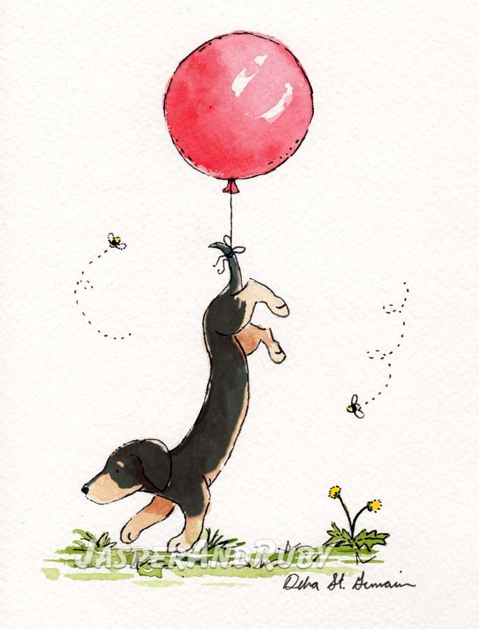 Carried Away- black-and-tan dachshund with red balloon- 8X10 Archival Print