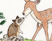 Woodland Nursery Art- Little Fawn and Raccoon 5X7 Archival PRINT for Baby and Children