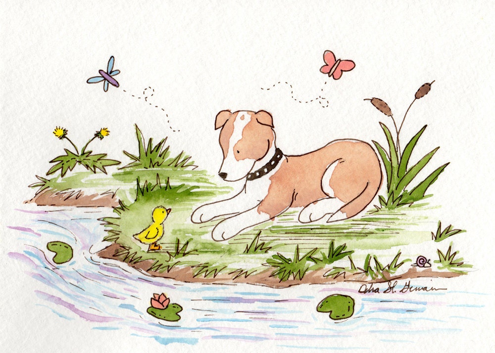 Puppy Dog Nursery Art- Staffordshire Terrier Art- 5x7 Archival Print- Baby Nursery Art- Pitbull Puppy Dog by a Pond