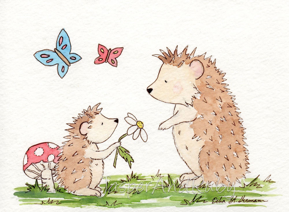 Woodland Hedgehog Nursery Art- Hedgie and Mama-  8X10 Archival PRINT for Baby and Children