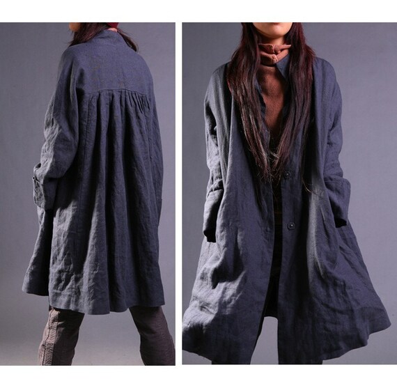 Free Style Pleated Linen Long Jacket/ Cape/ Black