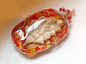Leaf Pendant - Wire Wrapped Fused Glass with Beads