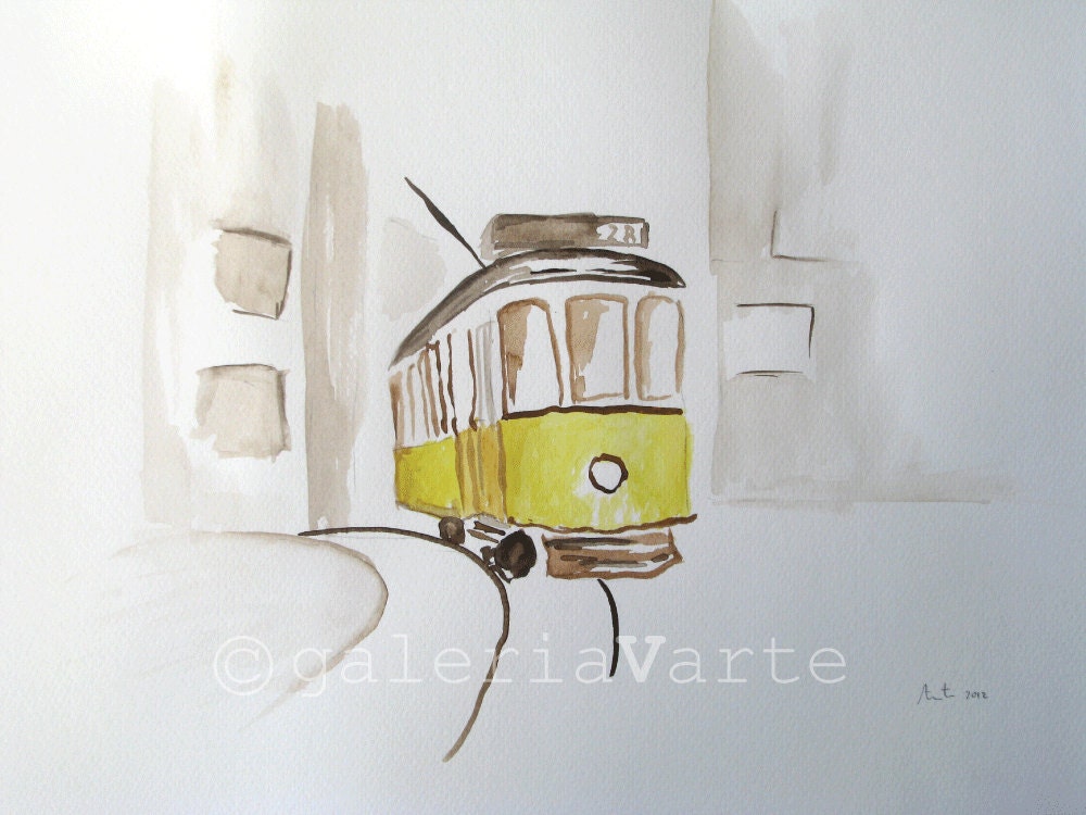 Original watercolor painting - Yellow Lisbon tram 28 - europeanstreetteam