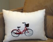 Red Vintage Bicycle pillow, embroidered on linen