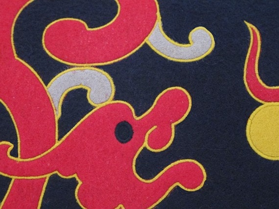 Chinese dragon pillow with applique and embroidery, wool/rayon felt blend