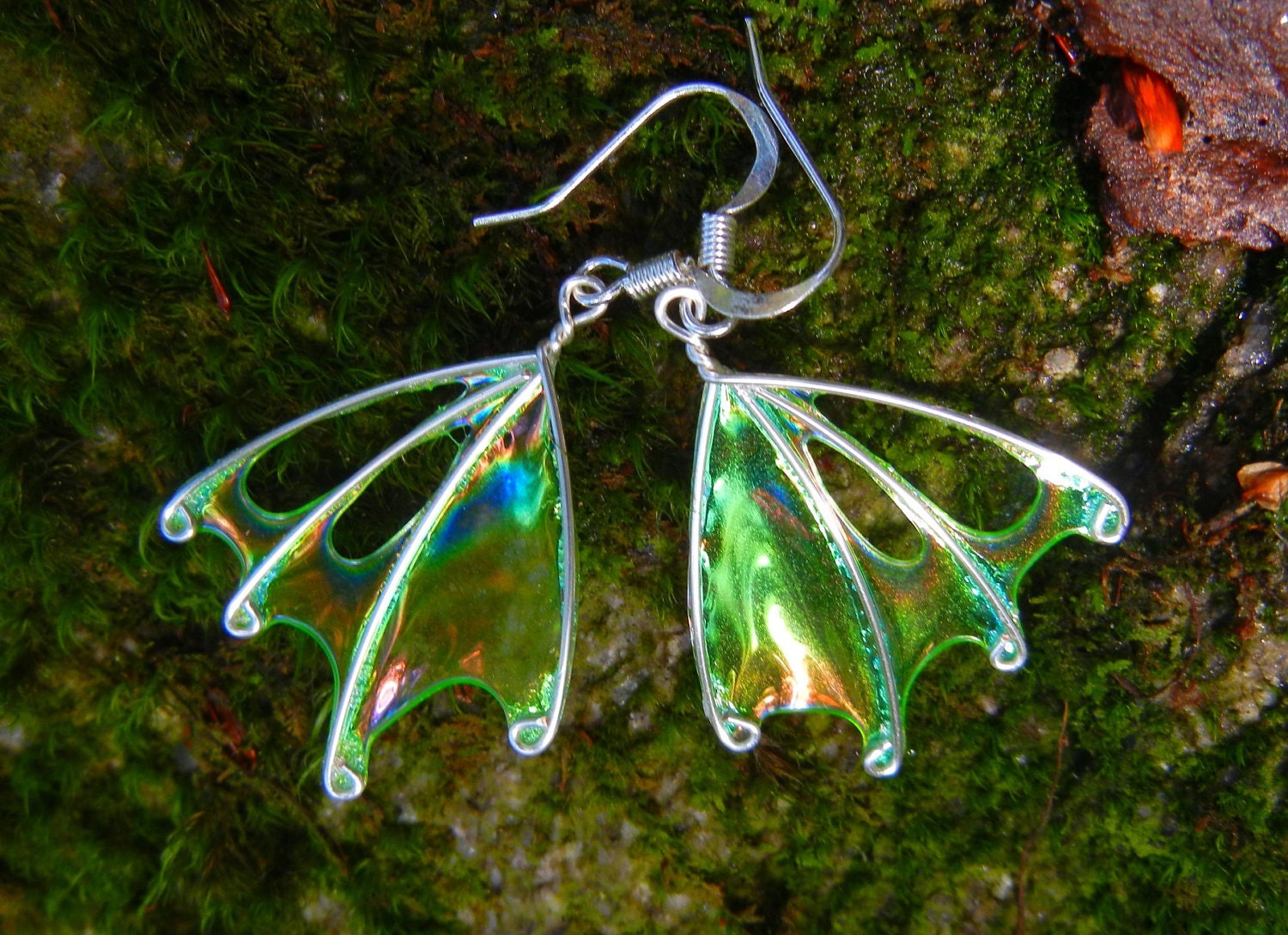 Forest Faerie Wings, Fern Fairy Earrings, Green Wing Earrings, unique silver earrings, "Fern"