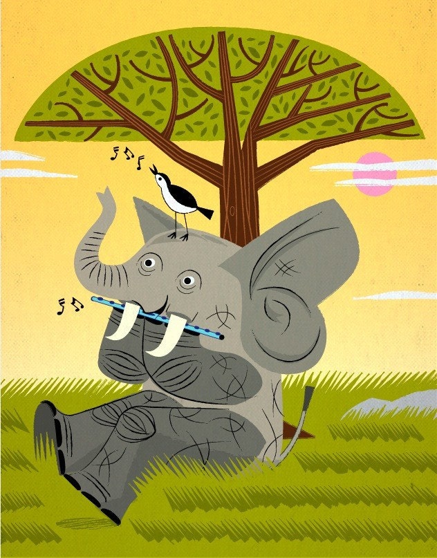 iOTA iLLUSTRATION - The Elephant, The Flute and The Bird - Animal Art Limited Edition Print