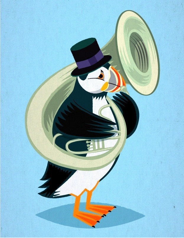 iOTA iLLUSTRATION - Puffin On A Tuba - kids Animal Art illustration - Limited Edition Print