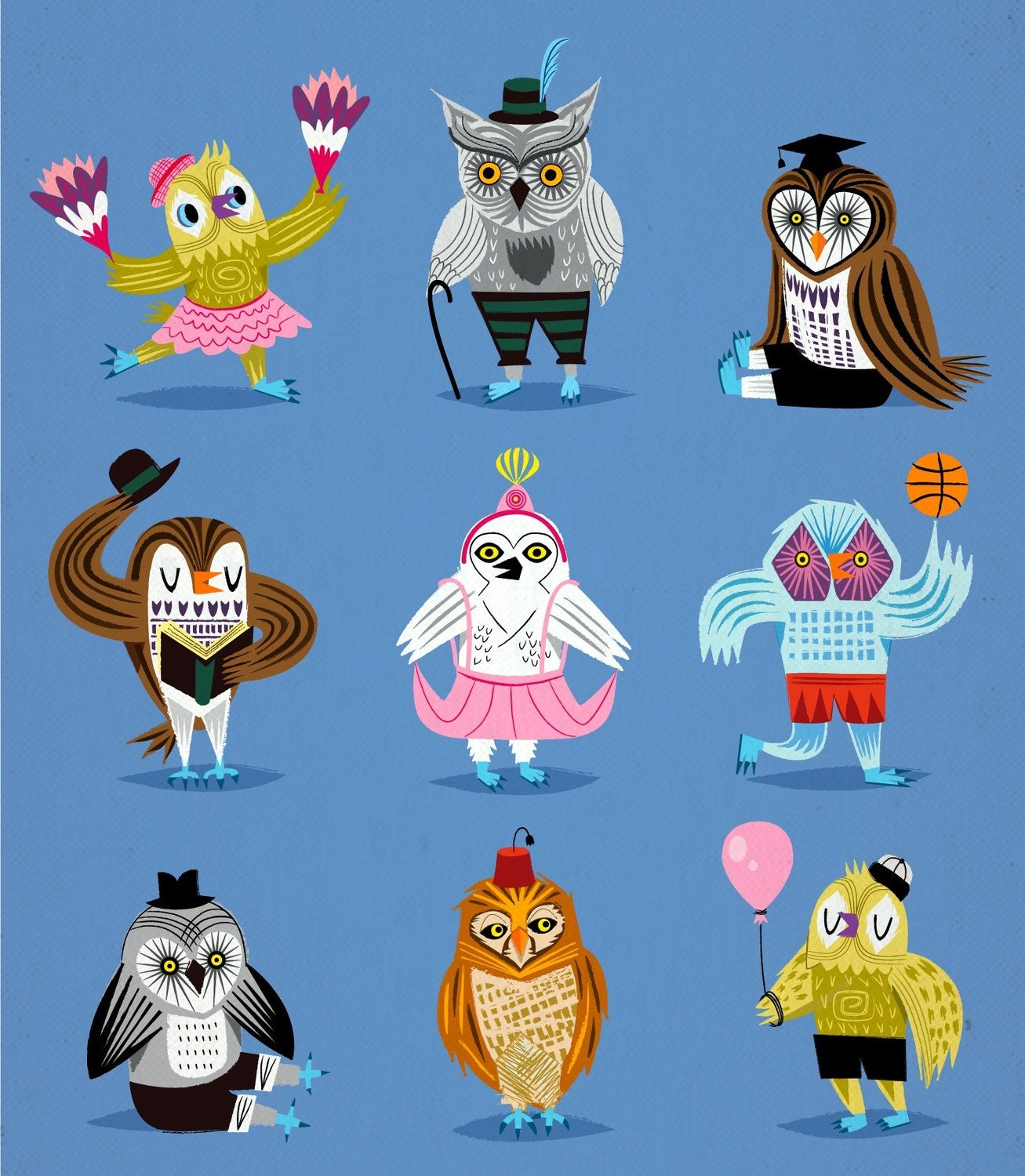 iOTA iLLUSTRATION - Owls Wearing Outfits - childrens Animal Owl Art - Limited Edition Print
