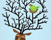 The Tree Stag and The Green Finch - Limited Edition Animal Art Print by Oliver Lake
