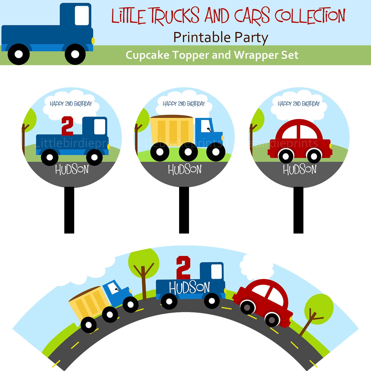 LITTLE CARS and TRUCKS Cupcake Topper and Wrapper Set. Matches invite and other items in my shop
