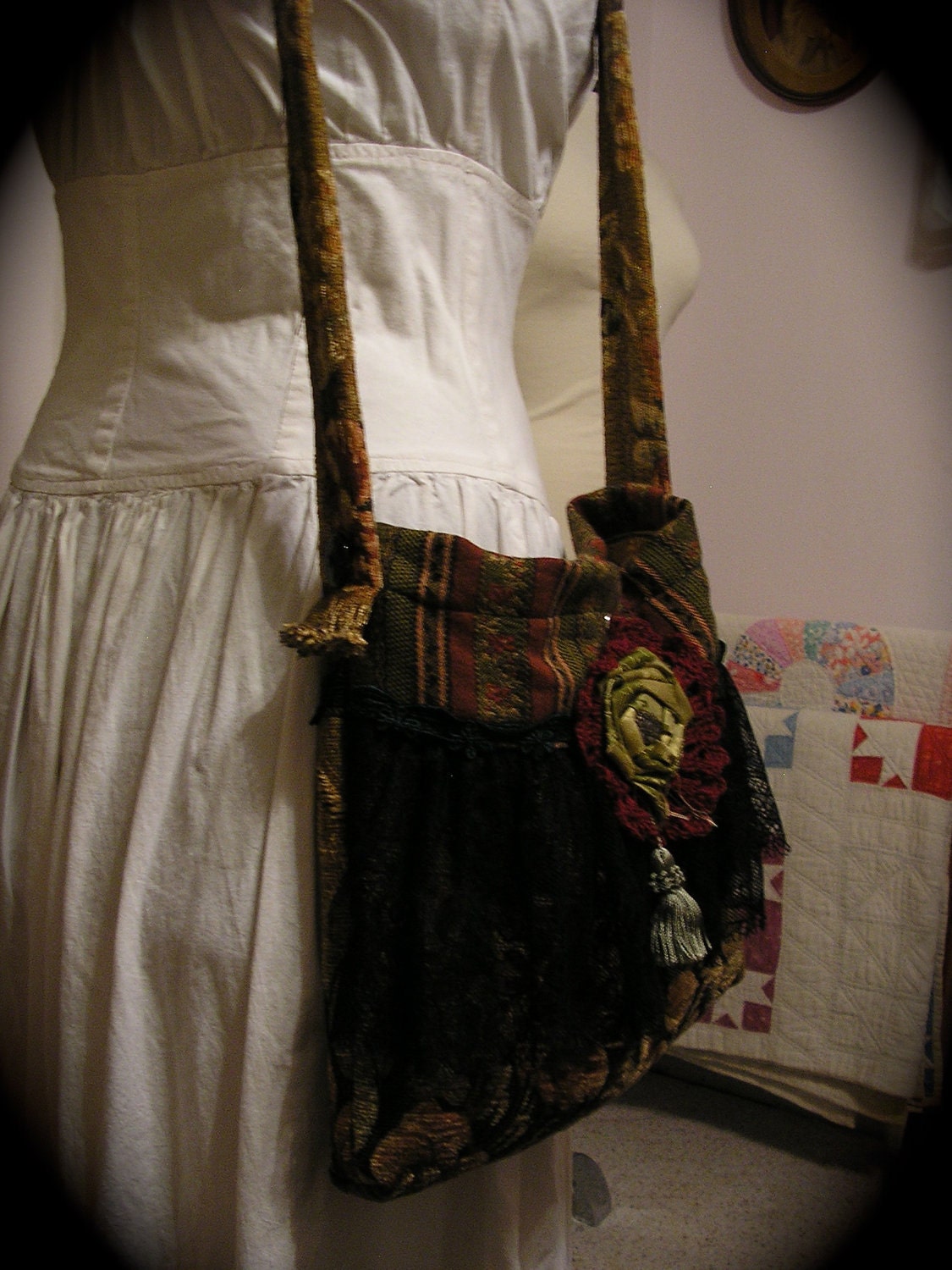 Gypsy Carpet Bag, black ruffled lace, earthy, thick chenille fabric