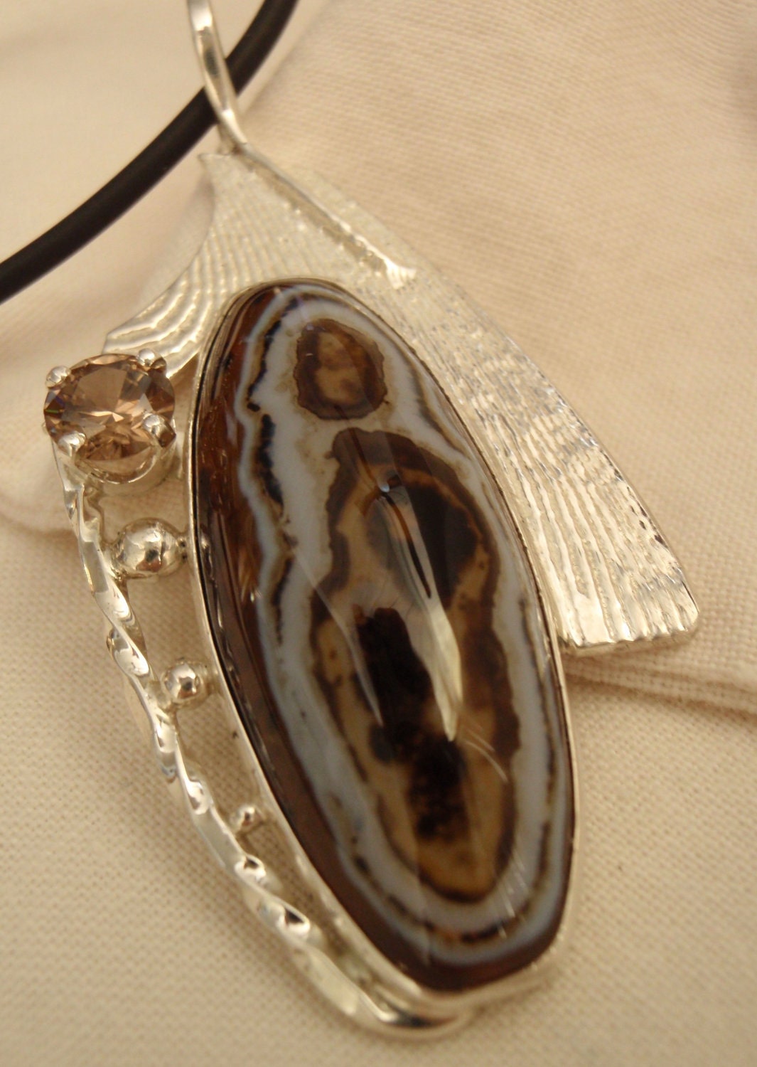 Sterling Silver Brazilian Agate Pendant with Golden Brown Zircon Cuttlebone Cast