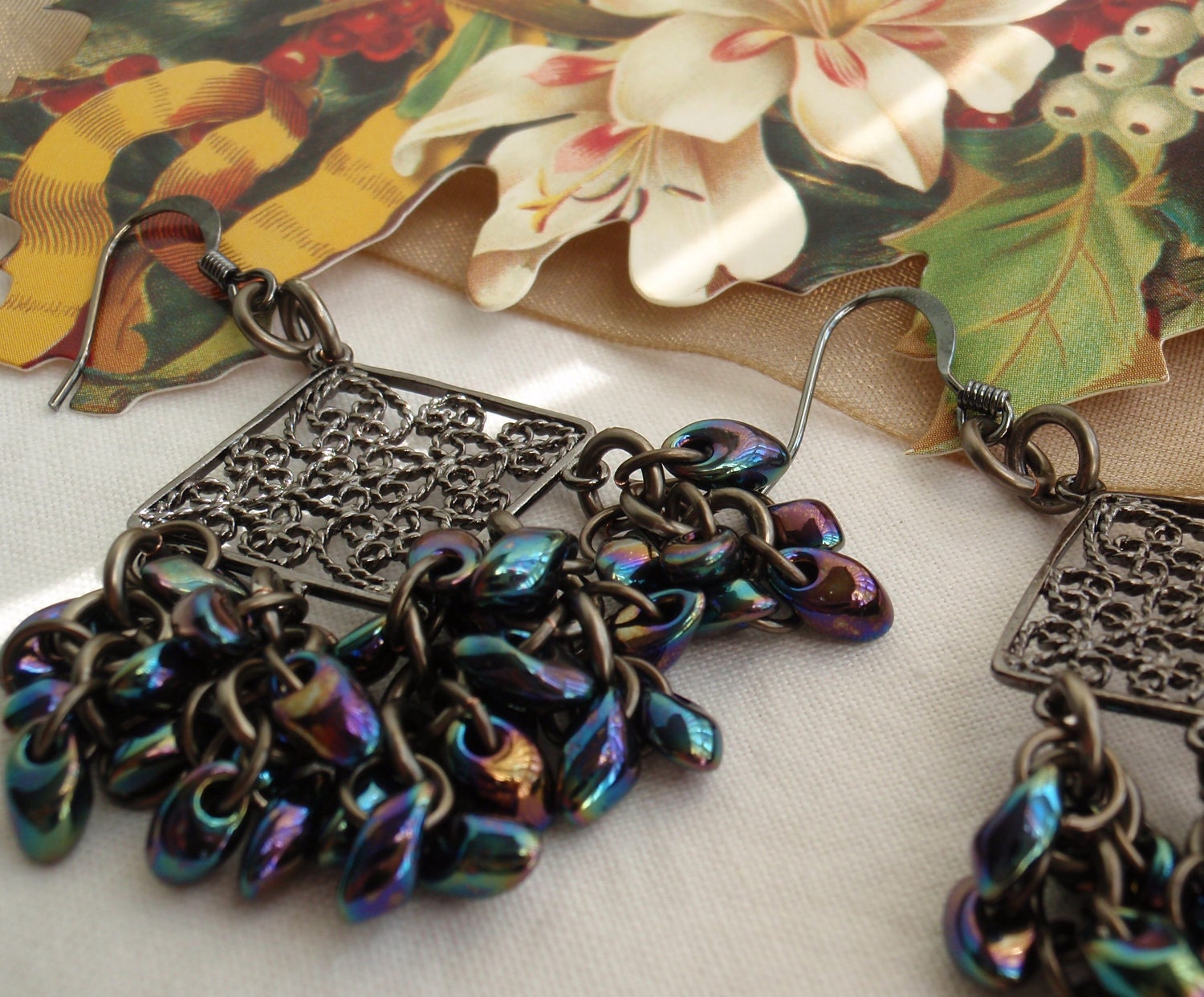 Shaggy Loops Earrings Gunmetal with Metallic Blue Iris Magatama Beads