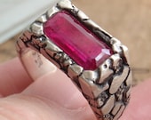 Ruby Ring Sterling Silver Pebble Texture Medieval Gents Men's Ring