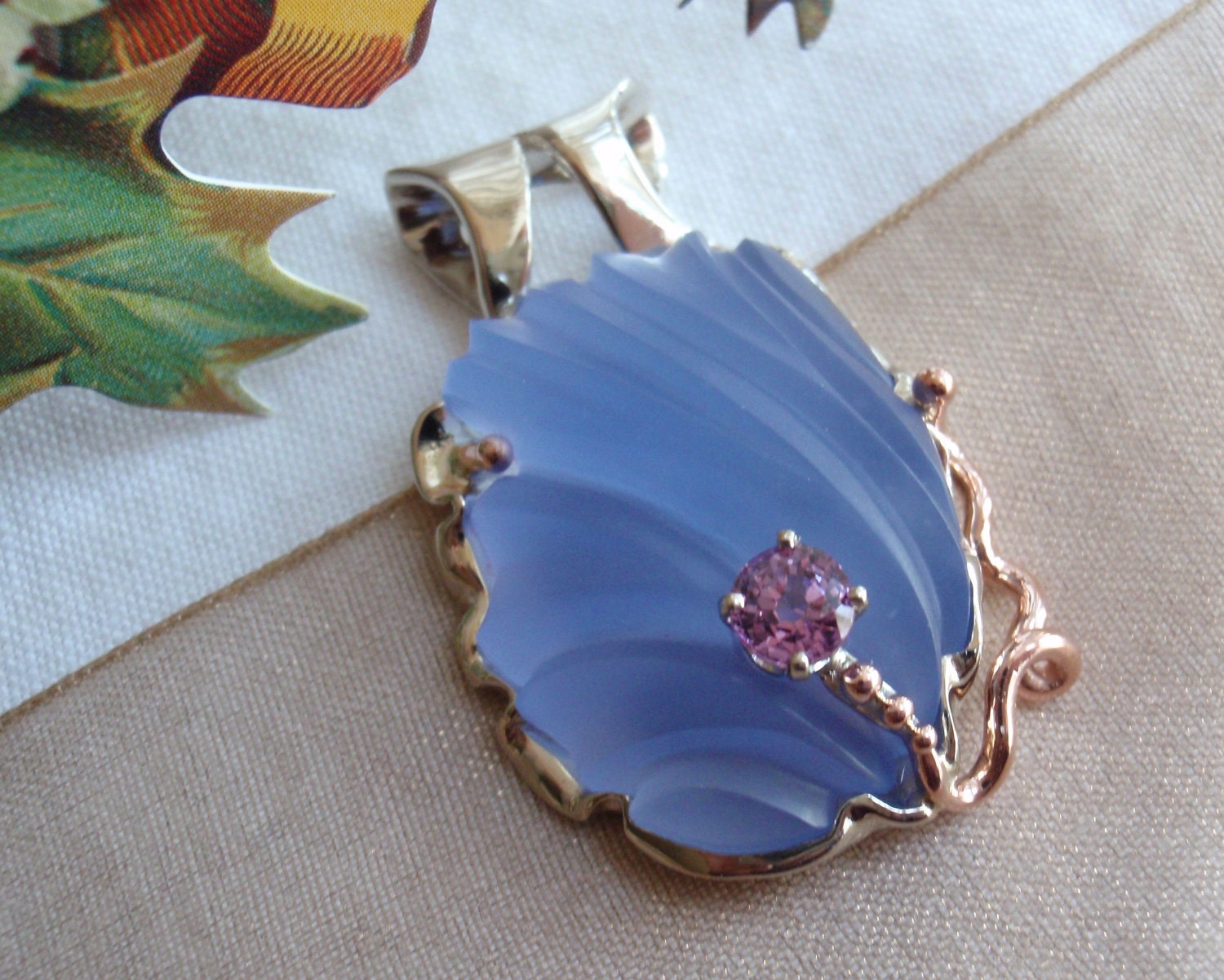Blue Chalcedony Natural Pink Sapphire Pendant 14k White Rose Gold