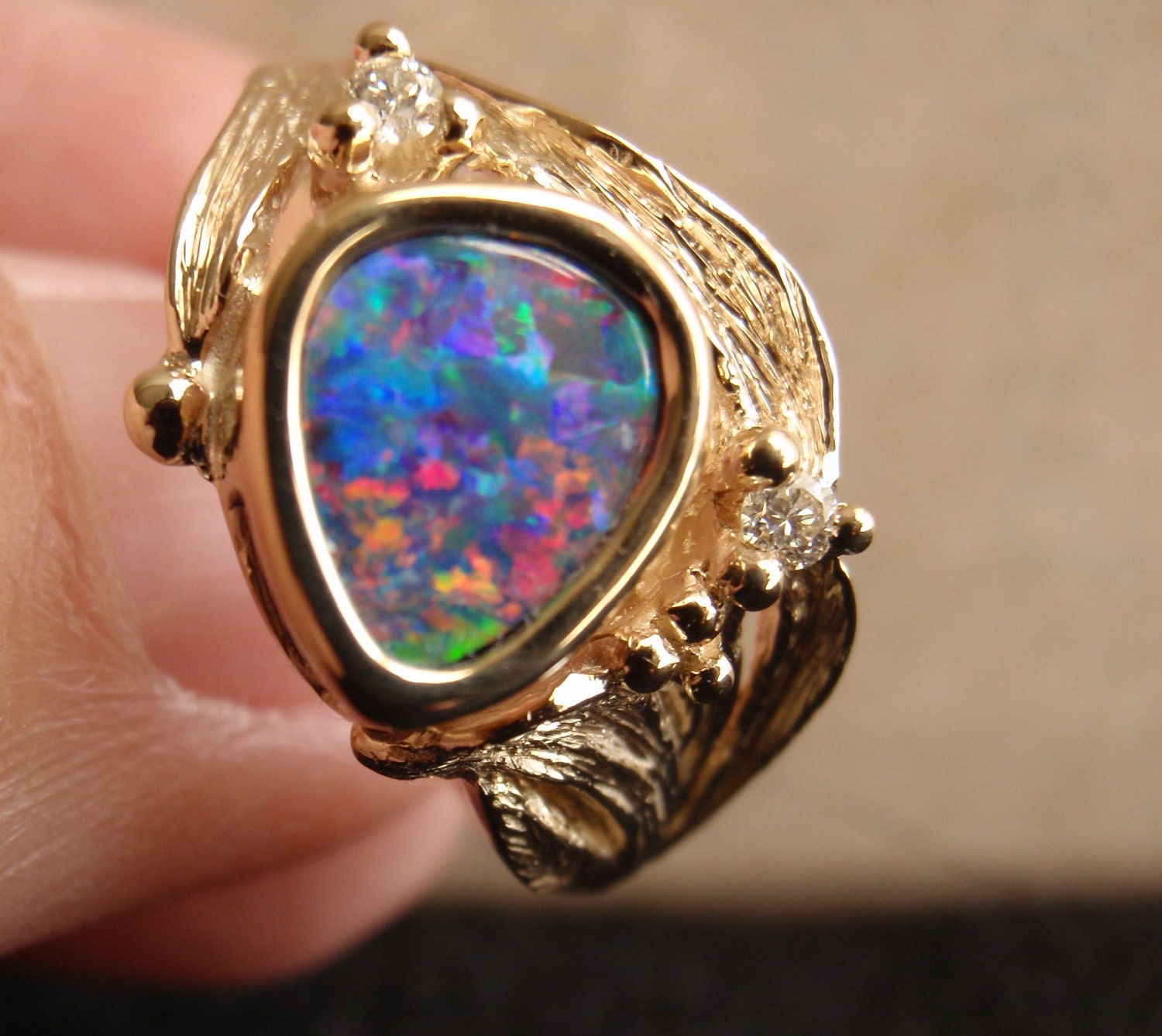 Boulder Opal Ring 14k Yellow Gold  Diamond Accents