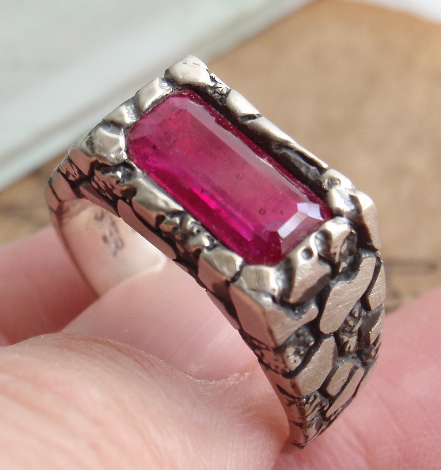 Ruby Ring Sterling Silver Pebble Texture Medieval Gents Men's Ring