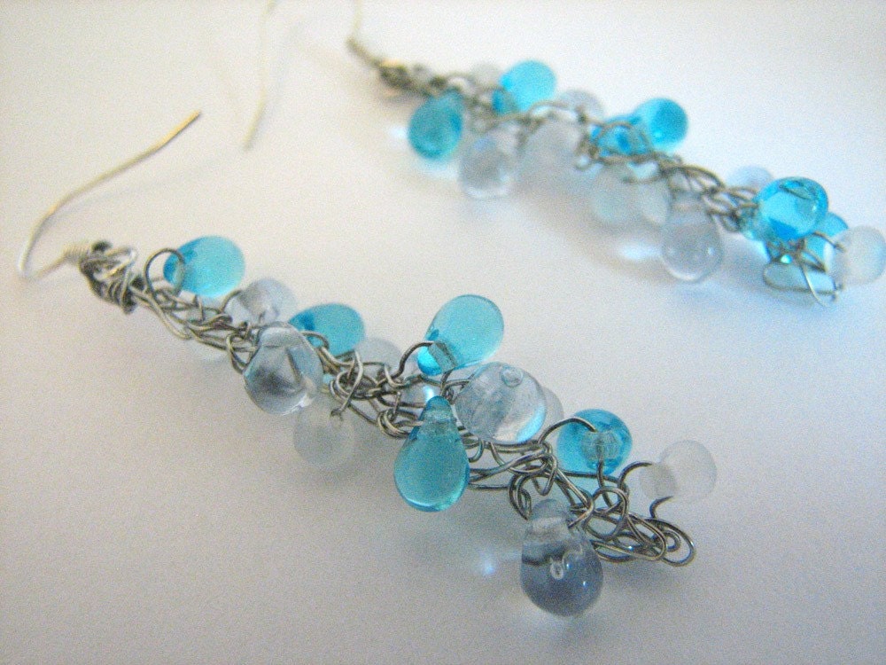 Ocean Love earrings - teardrop beads, copper wire crochet, ocean, sterling silver earwire, matching bracelet, handmade jewelry