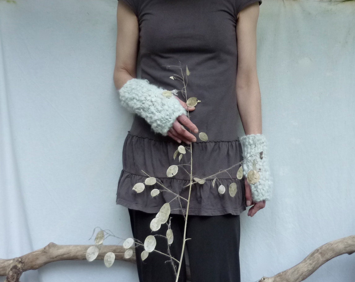 Cloud Warmers, hand knitted white bobbly fingerless mittens, READY TO SHIP