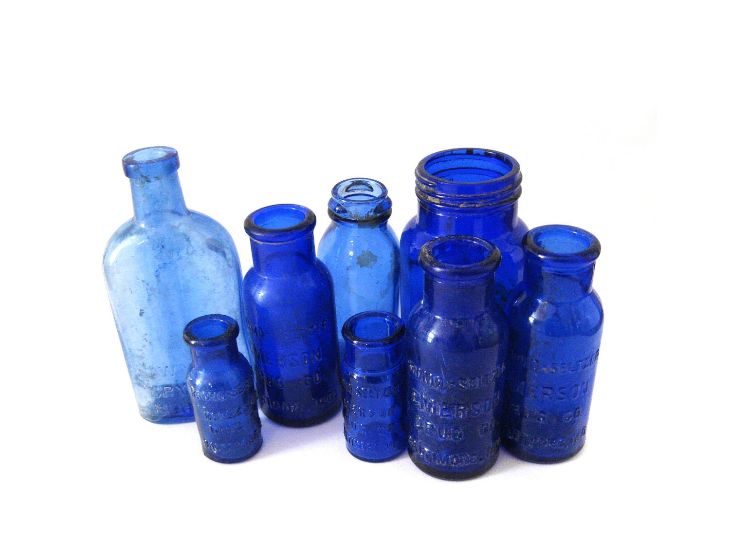 8 antique cobalt blue bottles