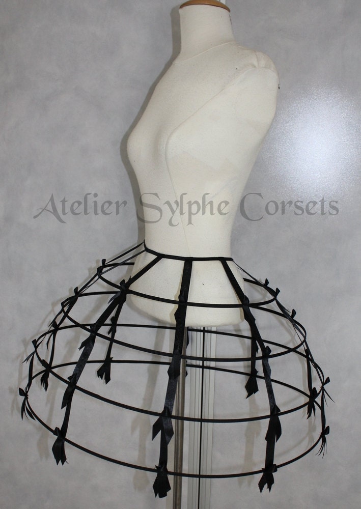 Black color Crinoline hoop skirt panier 4 rows elastic waist and satin ribbon cage