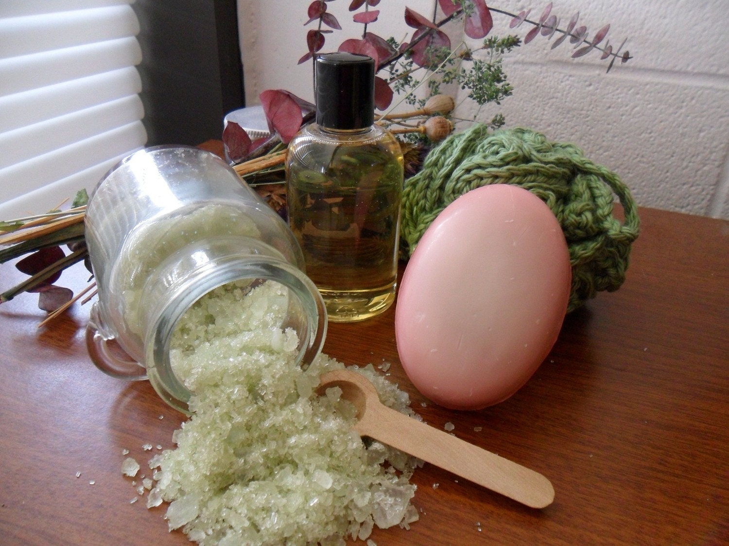 Watermelon Bath and Beauty Gift Basket - Oil, Cocoa Butter Soap, Salts, & Bath Puff