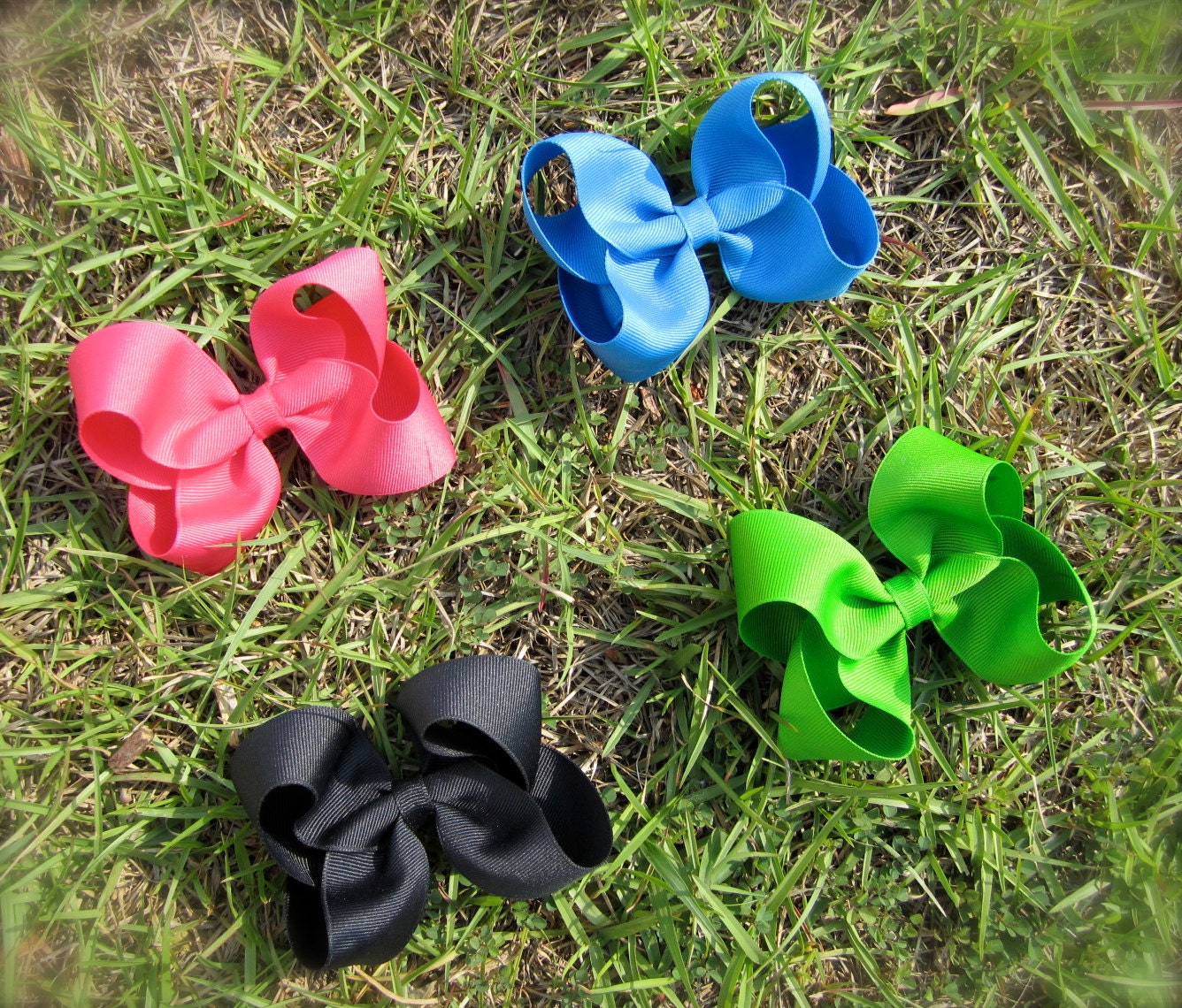Large 4" Hair Bow Set - Bold Basic Colors: Pink, Blue, Green and Black