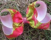 Sale - Large 4" Hair Bow: Green, Pink and Red Floral Print Boutique Bow