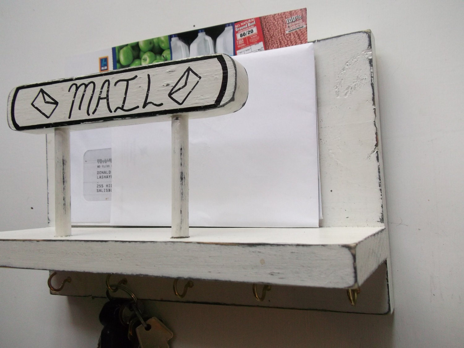 Shabby Chic Mail holder with key rack, Primitive,Free Shipping