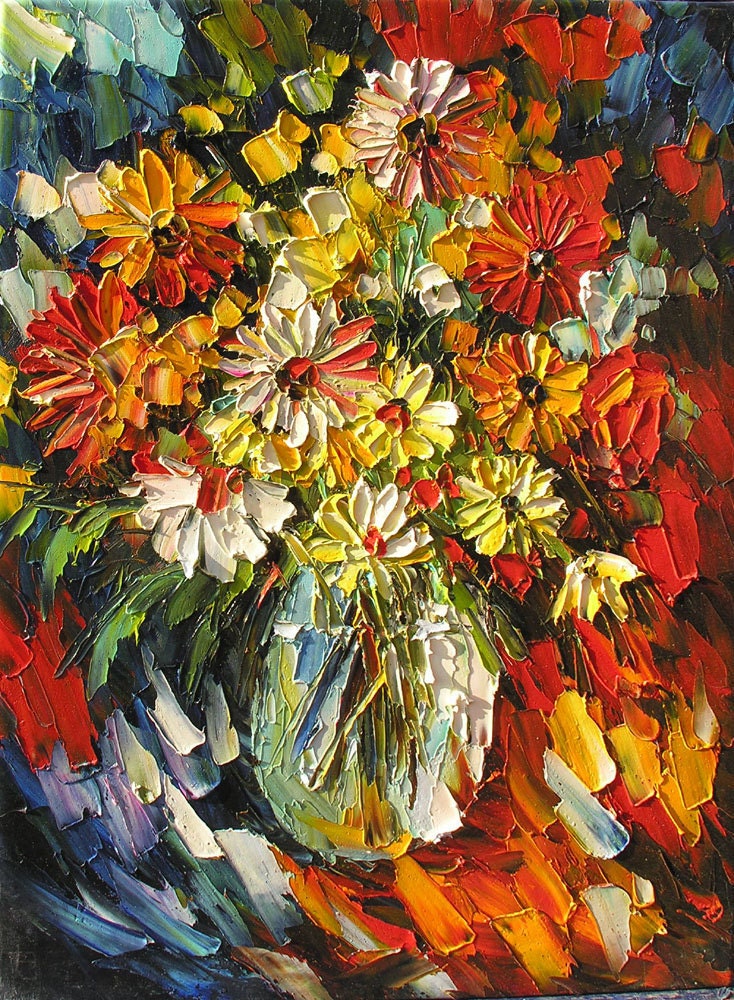 Night Love18 x 24 Flowers Original Oil Painting Palette Knife Colorful Red Blue Vase Arrangement ART by Marchella